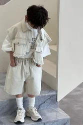 Kids Sets Boys Summer Suit Korean New Fashion Casual Denim Sleeveless Single-Breasted Vest Knee-length Shorts Two Piece Set