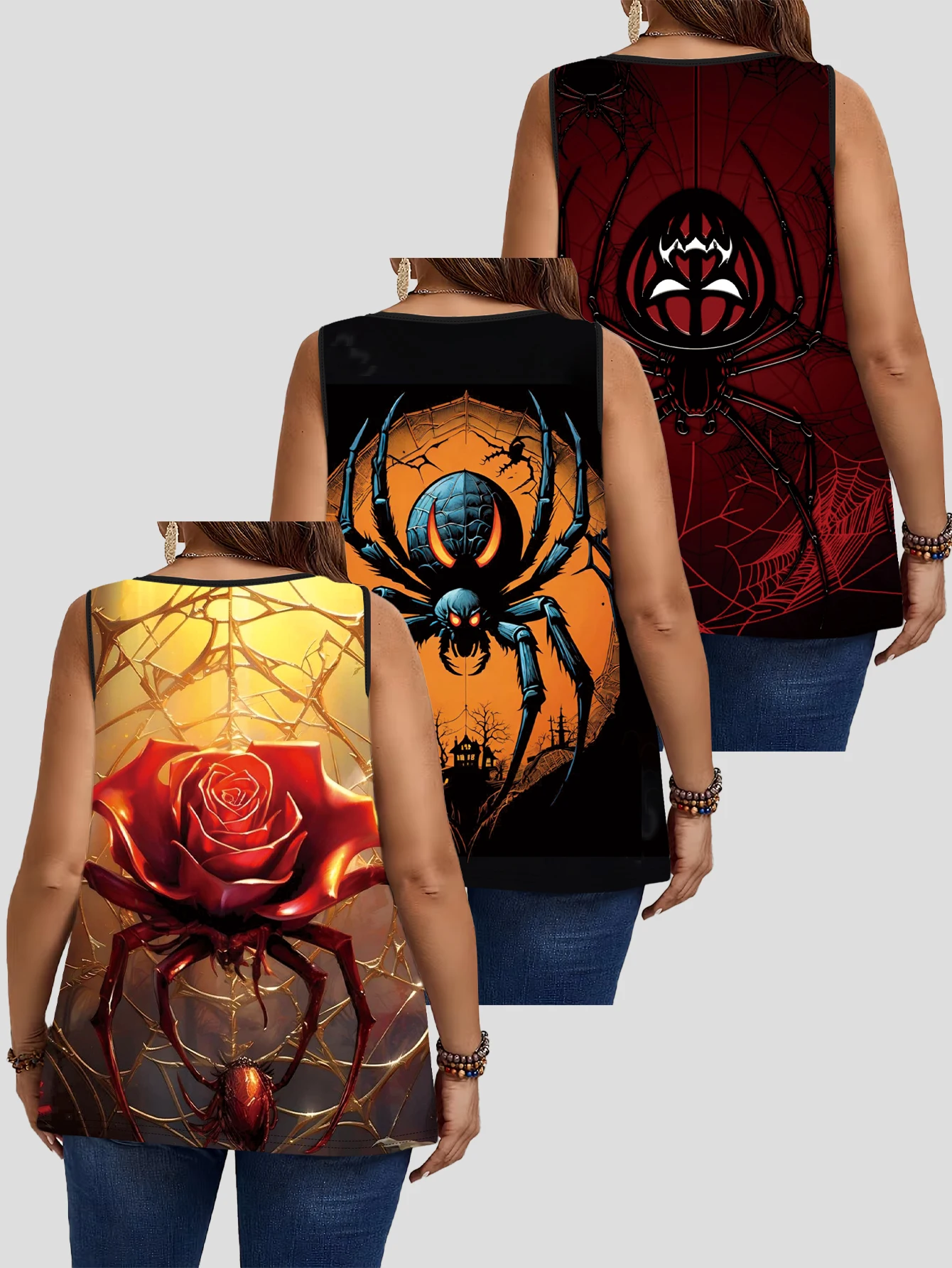 3-Piece Set of Plus-Size Sleeveless Vests｜Halloween Spider Rose Dark Art Print Loose-Fitting Round-Neck Casual Outerwear Top