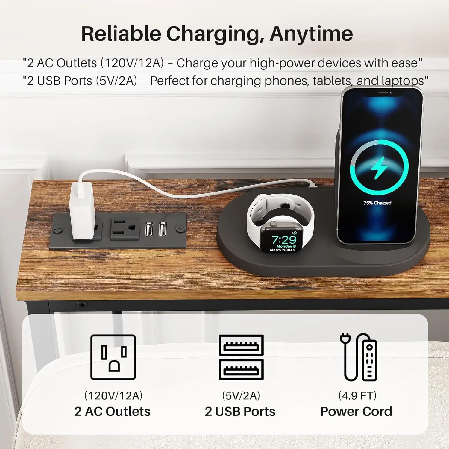 طاولة كونسول ضيقة مكونة من قطعتين مع ارتفاع قابل للتعديل (25 بوصة - 33 بوصة) ومنفذين طاقتين، ضيقة خلف طاولة الأريكة، بطول 79 بوصة × عرض 5.9 بوصة #6