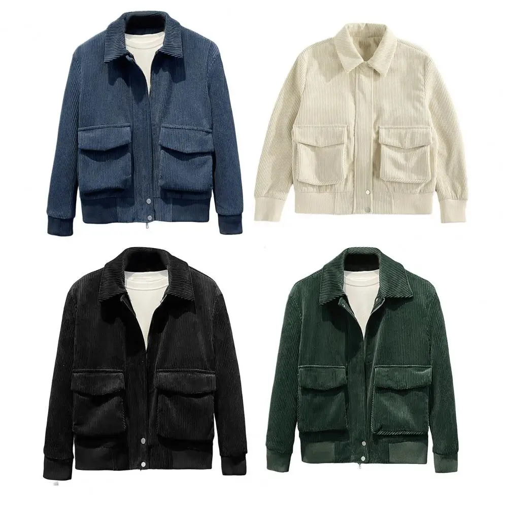 

Casual Men's Corduroy Shirt Jacket Spring Autumn Vintage Button-up Turn-down Collar Cargo Jackets Men Fashion Textured Cardigans