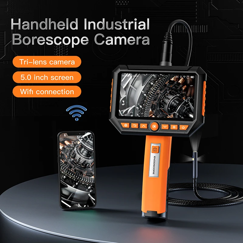 5Inch IPS Screen Triple Lens 3 Camera Side View&Front View 1080P  Industrial Endoscope CMOS Borescope Inspection Otoscope Camera