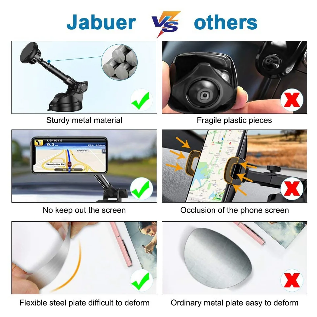 ที่วางโทรศัพท์ในรถยนต์แบบแม่เหล็กสากลสําหรับแดชบอร์ดและกระจกหน้ารถยนต์พร้อมแม่เหล็กที่แข็งแกร่ง 6 อันและแขนยืดไสลด์โลหะ - สีดํา