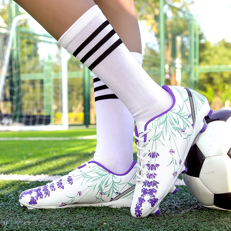 Zapatos de fútbol con estampado morado para niños, zapatillas de fútbol Unisex para entrenamiento de césped, botines ligeros y cómodos, zapatillas de fútbol sala para hombre