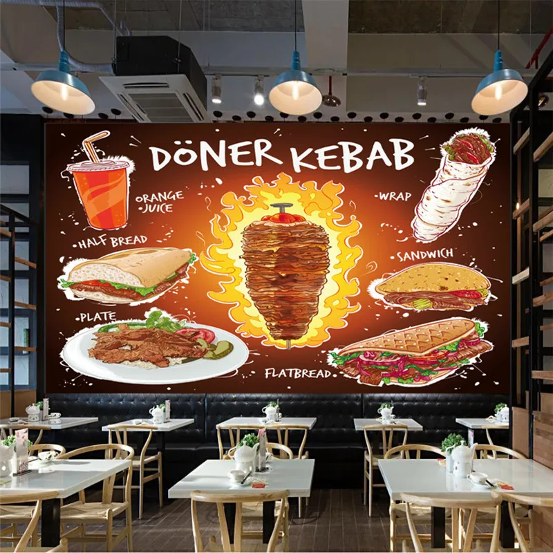 Custom Hand Drawn Doner Kebab Flat Bread Sandwich Plate with Orange Juice Mural Wallpaper Fast Food Restaurant Wall Paper 3D