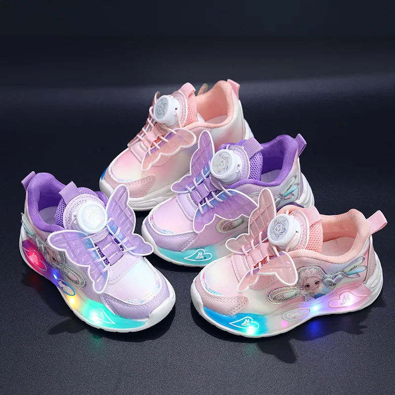 Disney LED Casual Sneakers Spring Girls Frozen Elsa Princess Bowknot Leather Shoes Children Lighted Non-slip Purple Size 21-30