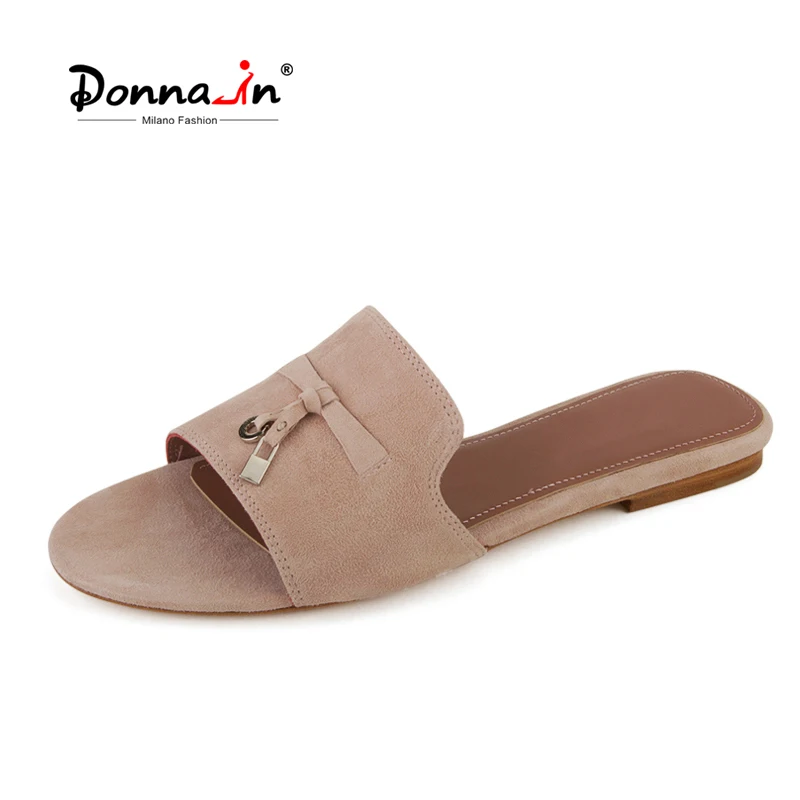 Donna-in Luxury Kid Suede Leather Flat Slippers Women International Designer Brand Fashion Slip On Female Shoes