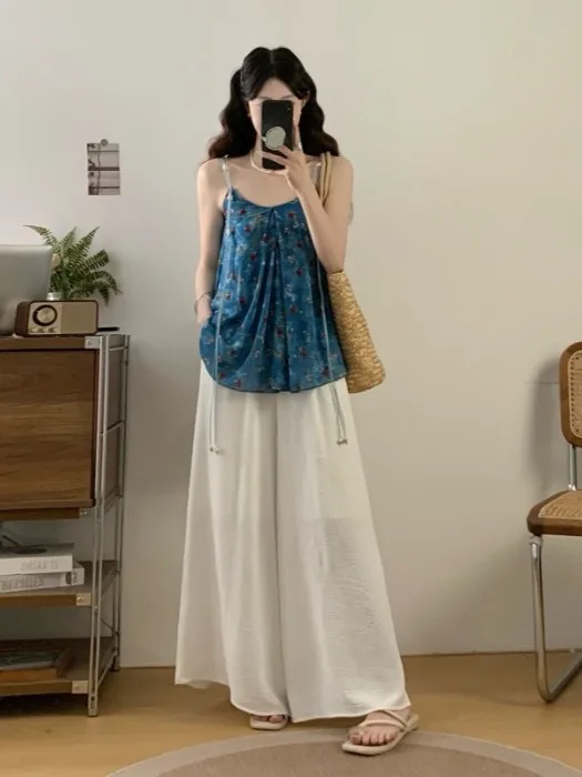 

Summer plus Size Loose Feel Vacation Style Floral Print Halter Neck Wide Leg Pants Set High Waist Korean Style Office Wear