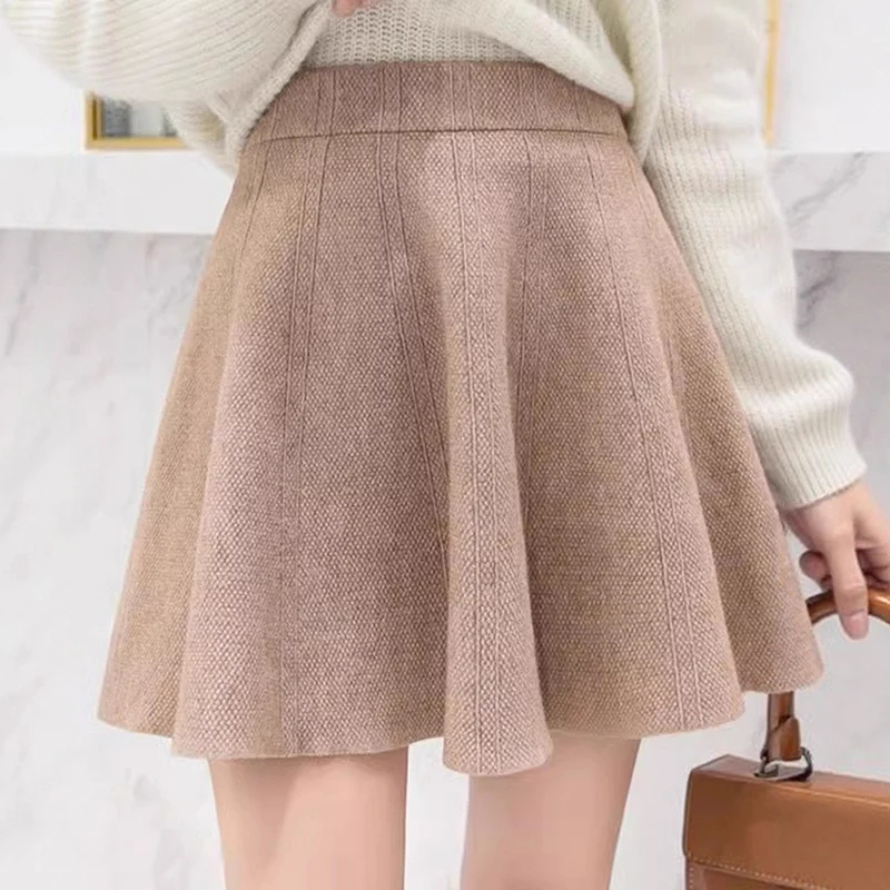 

Chic Khaki Knitted Pleated Skirt Women Autumn Winter A-Line High Waist Skirt Woman Preppy Style All-Match Solid Mini Skirts
