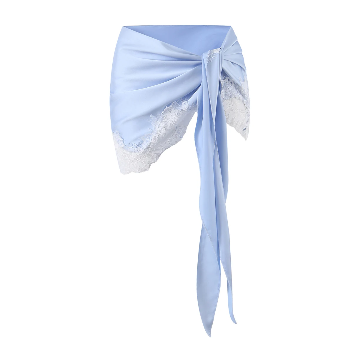 Sexy Bright Satin Bow Tie Sashes Wrap Skirt Vintage Women High Waist Spliced Lace Asymmetry Skirts Holiday