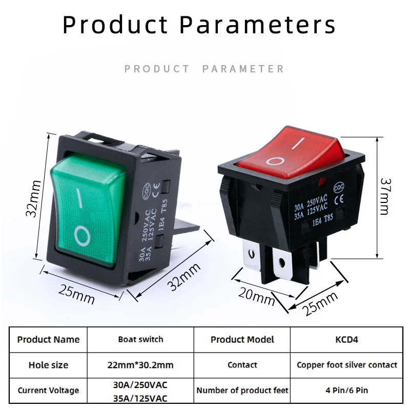 KCD4 rocker switch 6-pin/4-pin lock switch SPST/SPDT 20A 30A copper with light rocker power switch I/O 30A 250VAC red and green