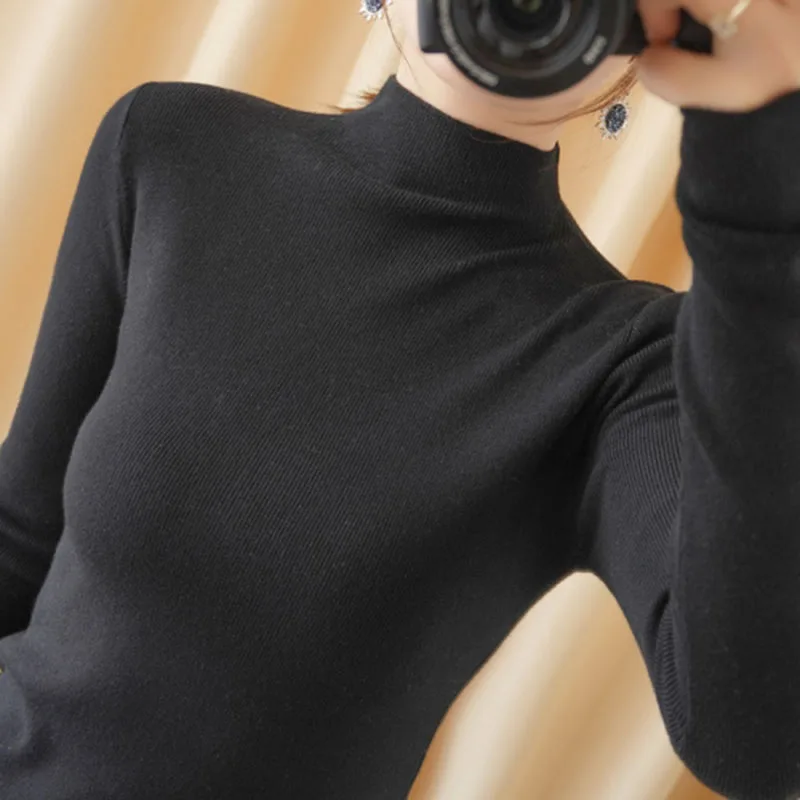 Autumn Winter Women Pullovers Half High Collar Casual Slim Fit Thin Bottoming Shirt Sweaters Grey Black Blue Jumper Knitwear