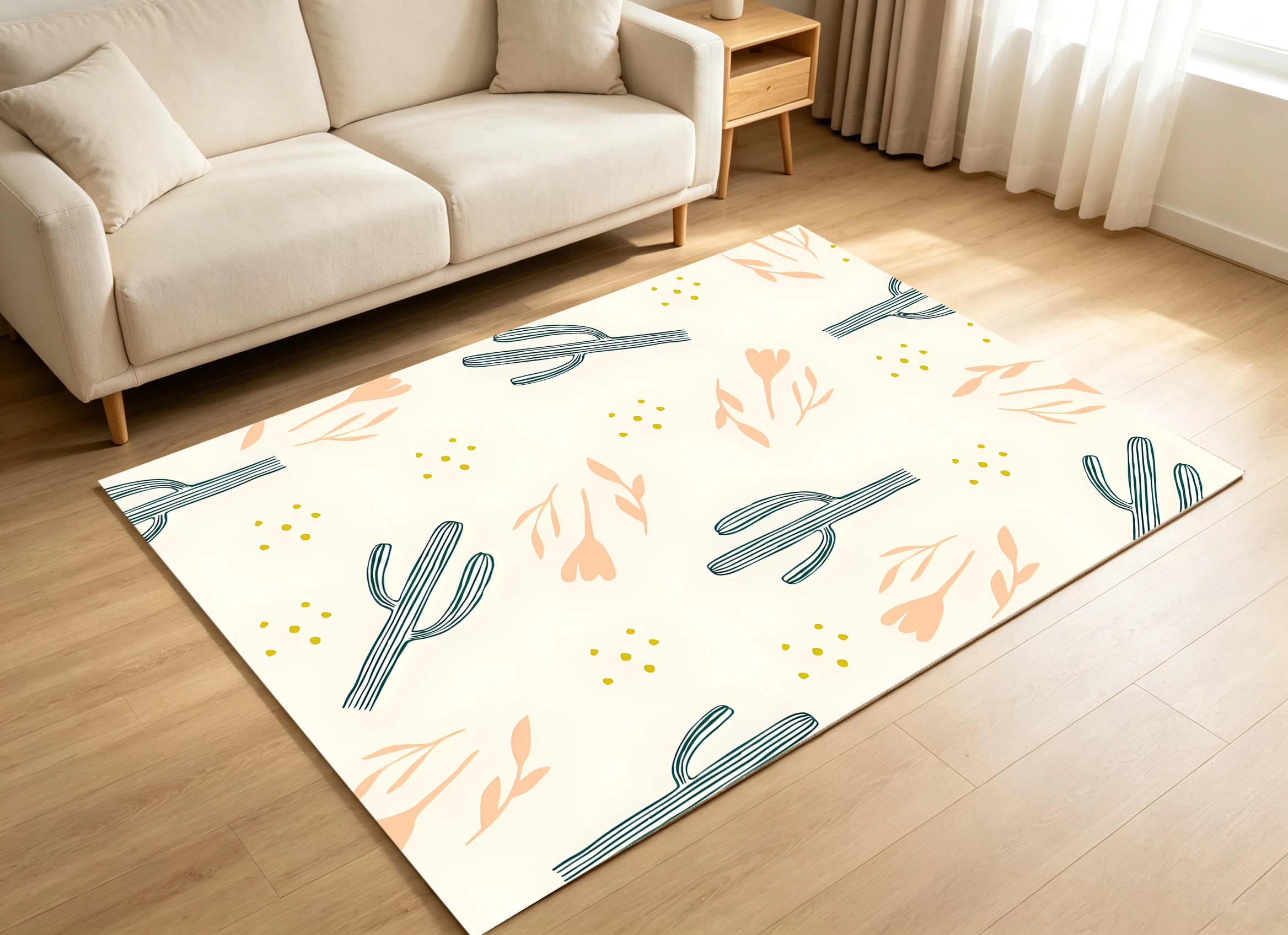 2D Large Carpet Hand Painted Cactus Floral Fresh Soothing for Living Room Bedroom