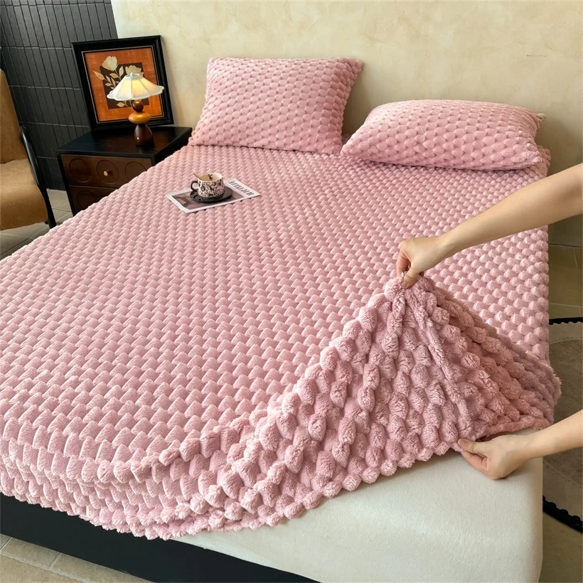 Bubble Fleece Warm Fitted Sheet Plush Mattress Cover Non Slip Elastic Band Bed Sheet Velvet Mattress Protector Queen King Size