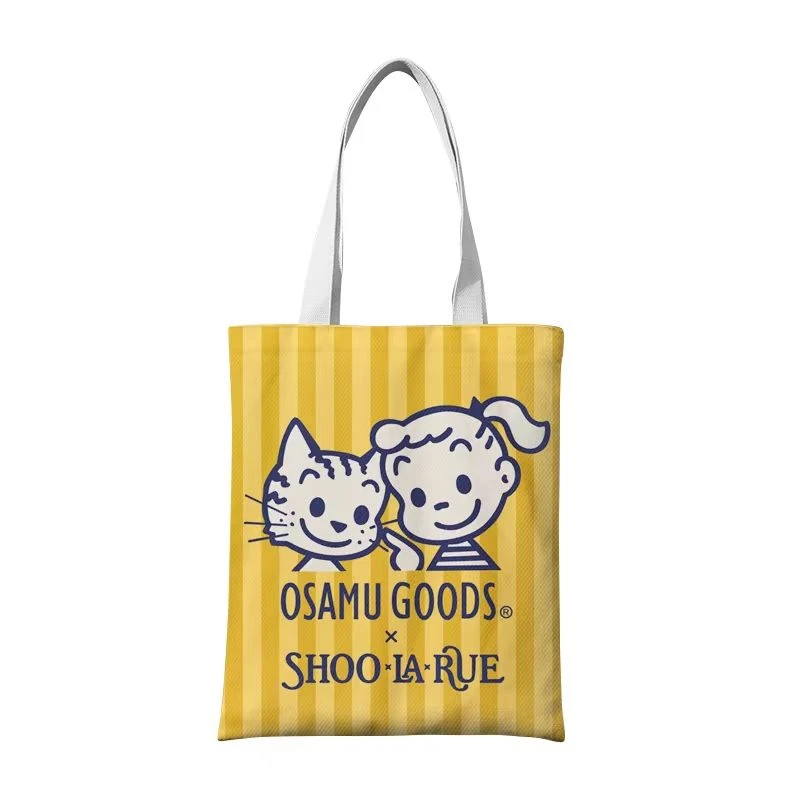 

Cartoon Canvas Tote Bag Striped Shoulder Bag Large Capacity Zipper Handbag for Daily Leisure and Travel Shopping