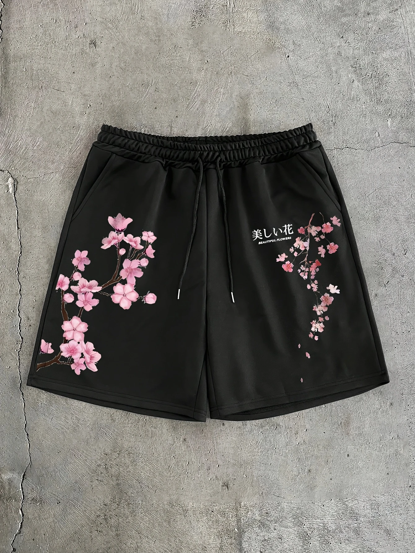Gentle Falling Cherry Blossom Five-Point Shorts - Japanese-Style Text Print, Unisex Summer Trendy Versatile Mid-Length Pants