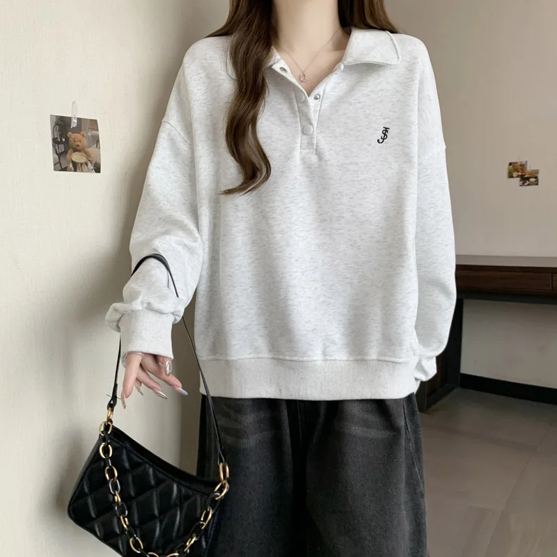 Turn Down Collar Sweatshirts Women Spring Autumn New Loose Cozy All-match Korean Style Button College Tops Students Sweet Girls