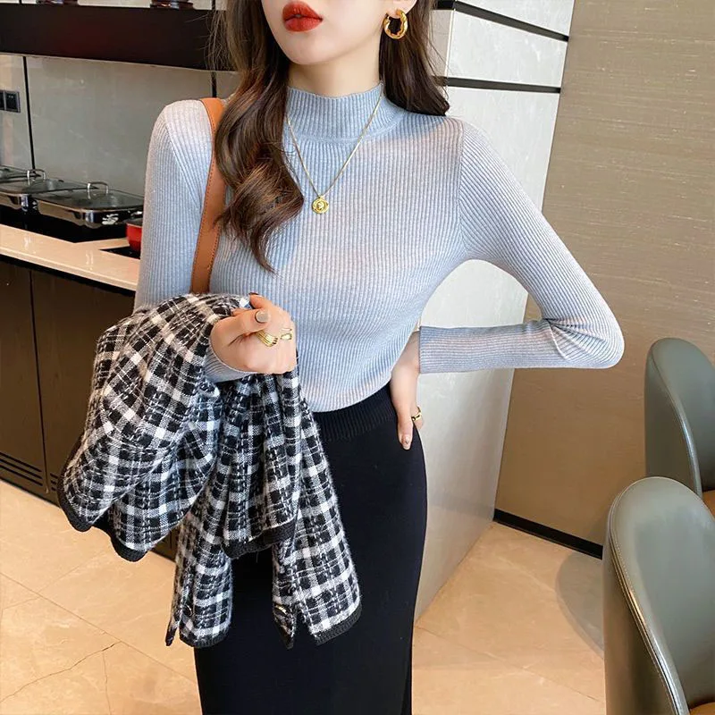 woman Versatile tight long sleeved knitted sweater top 2024 autumn winter women's clothing half height collar outside sweater