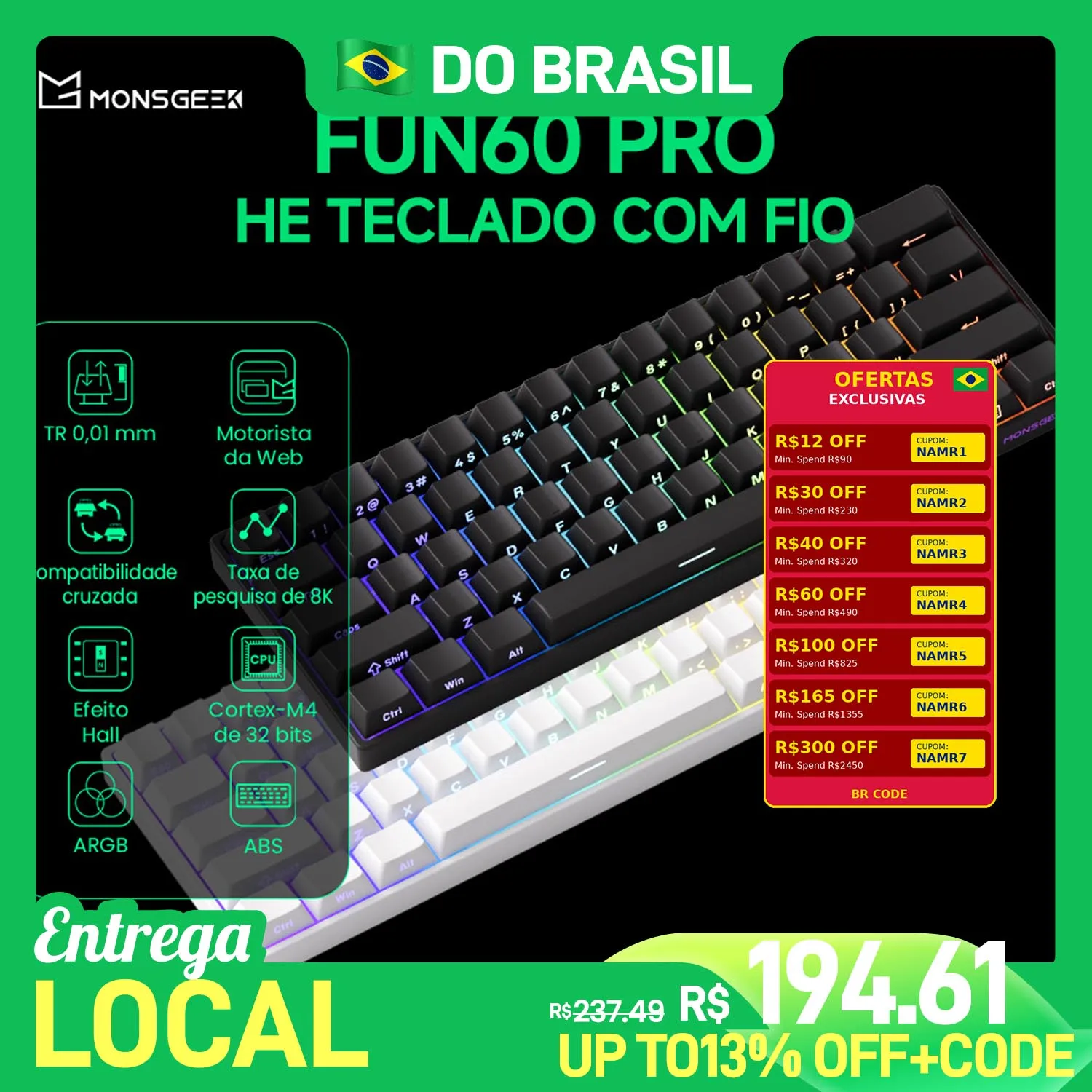 Akko monsGeek fun60 pro he teclado magnético 60% esports teclado para jogos gatilho rápido 0.01mm 8k teclado personalizado com fio para gamer