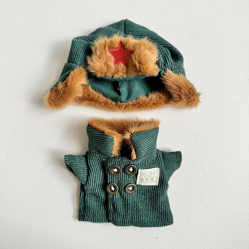 17cm Plush Doll's Clothes The Monster Labubu Outfit Accessories Clothing DIY Lei Feng Army Green Coat Red Star Hat YD02E