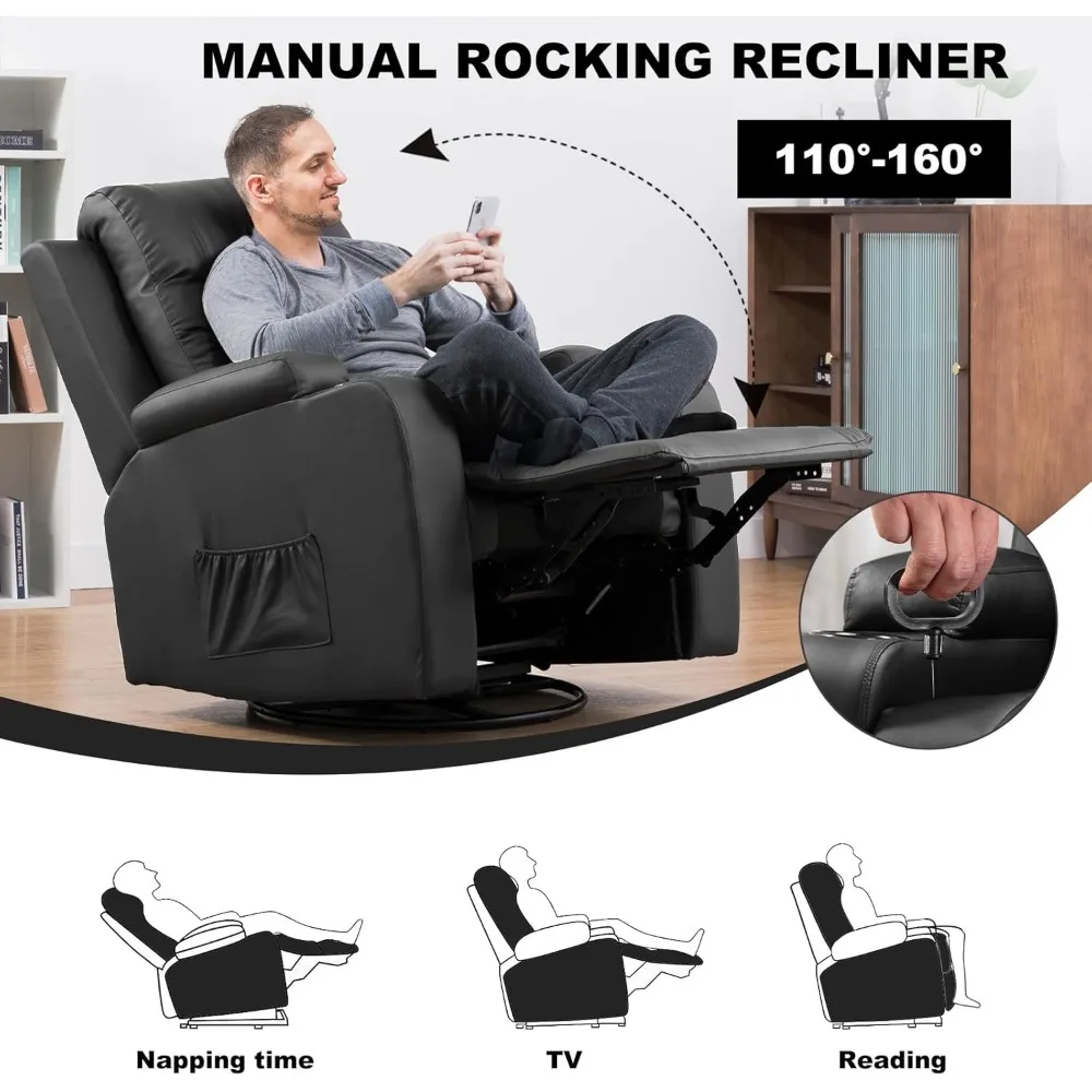 Recliner Chair,PU Rocking Chair for Adults, Swivel Recliner with Cup Holders,for Living Room, Bedroom (Black),Living Room Chairs