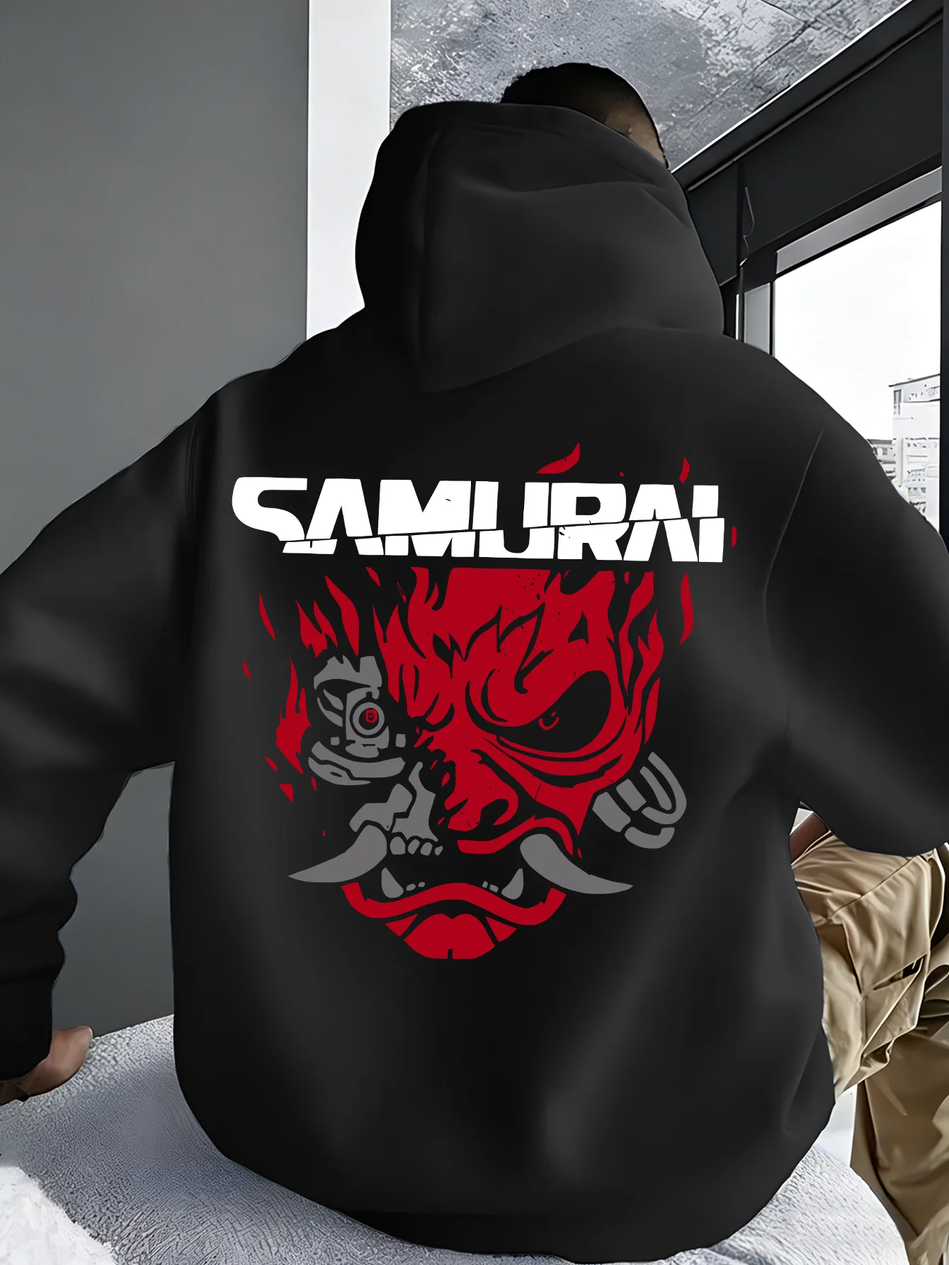 Autumn Winter Men Pullover Hoodie Back Cyber Samurai Demon Mask Print Casual Street Style Sweatshirt Male Daily Wear Tops