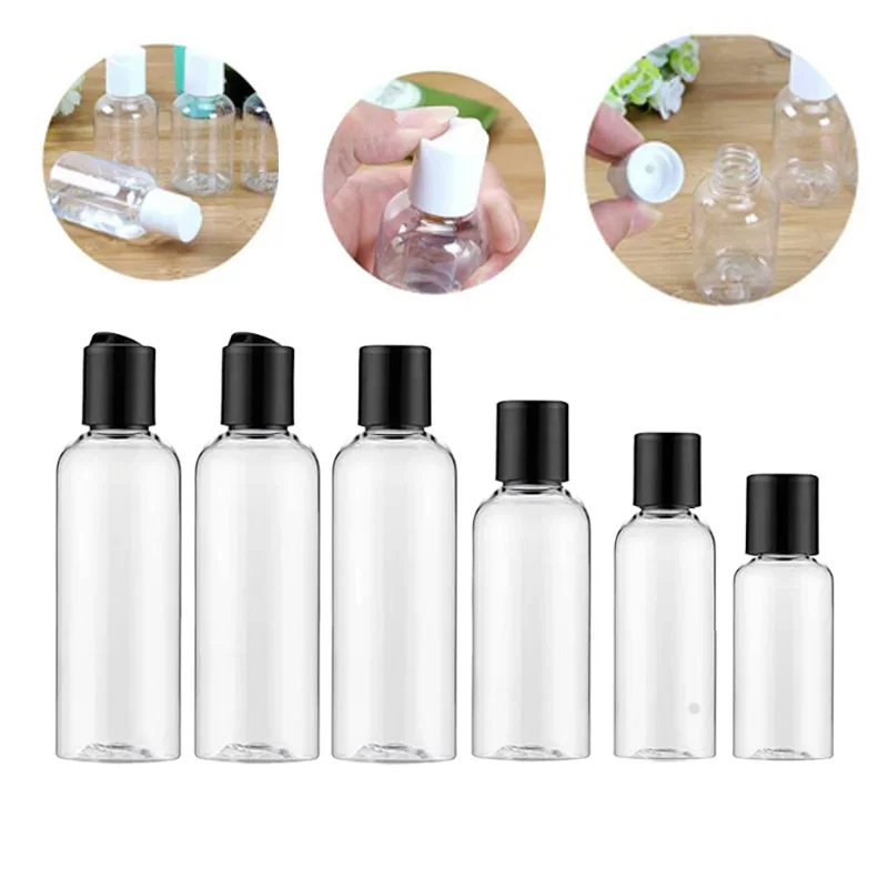 

100Pcs 30/50/60/100ml Empty Plastic Bottles with Clear White Black Disc Top Caps Refillable Containers For Shampoo Lotion Creams