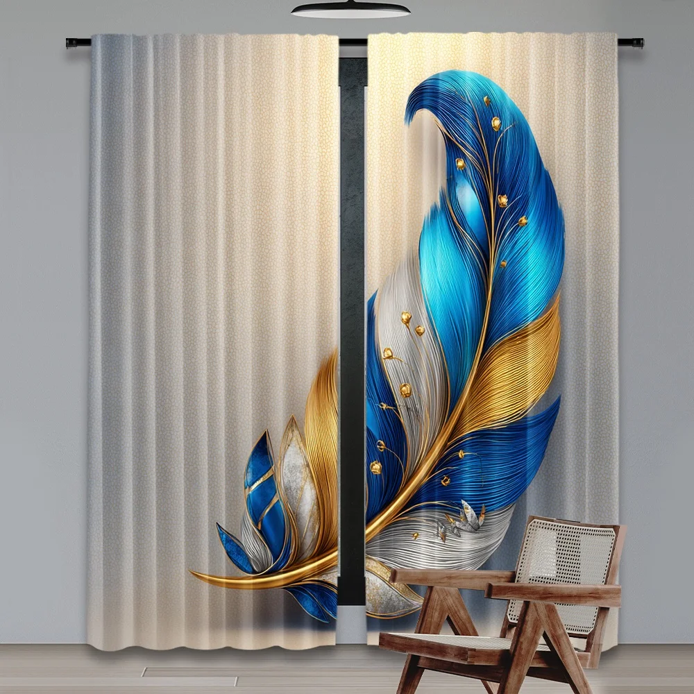 2D الطباعة المسطحة 2 قطعة الستار الذهب الأزرق ريشة الرقمية المطبوعة البوليستر الستائر الأسرة حفلة استخدام للاحتفالات عطلة ل