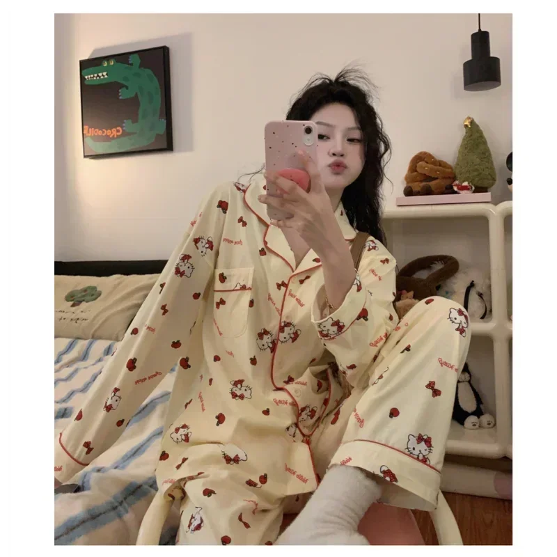 Sanrio Hello Kitty Silk Pajamas Women\'s Cotton Long Sleeves Autumn Cute Cartoon Comfortable and Breathable Home Women\'s Pajamas