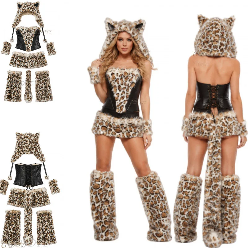 Disfraz sexy de leopardo para Halloween - disfraz corto de carnaval, vestido con capucha de animal para mujer adulta con cola