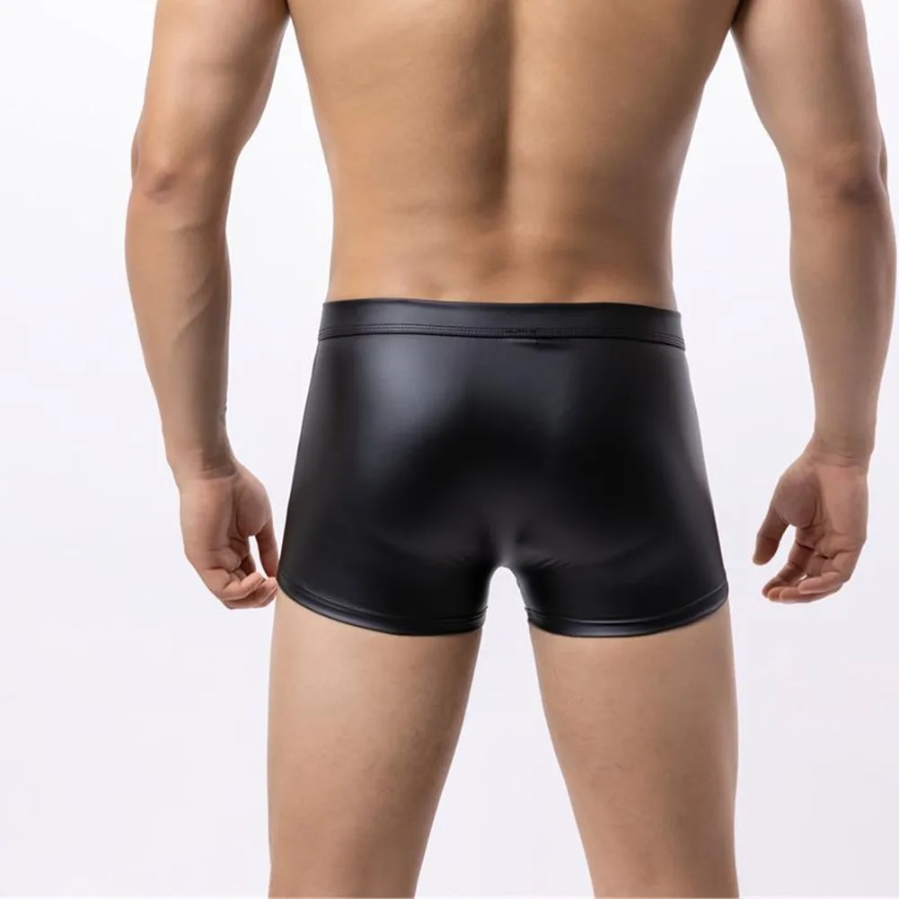 Men Sexy Gay Temptatio Boxers Faux Leather U Convex Pouch Panties Patent Leather Boxer Shorts Peni Big Pouch Underpants