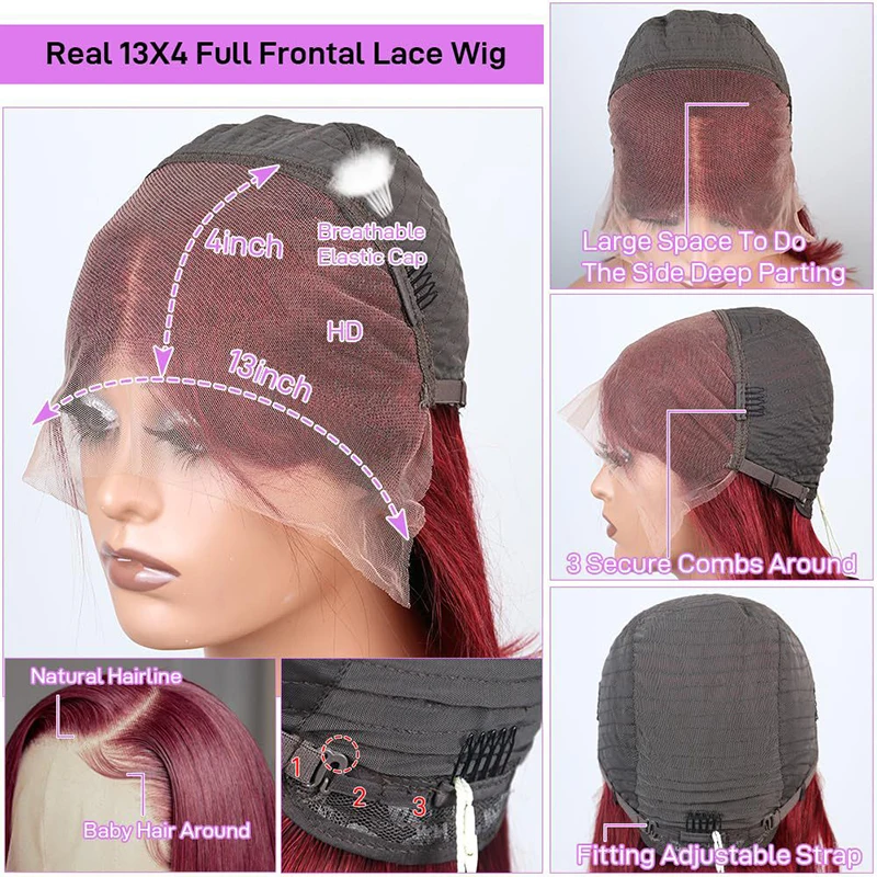 วิกผมตรงสีเบอร์กันดี 99J แบบตรง 13x4HD ผ้าลูกไม้โปร่งใสด้านหน้า วิกผมสังเคราะห์แบบดึงล่วงหน้า เหมาะสำหรับผู้หญิงทรงบ็อบ