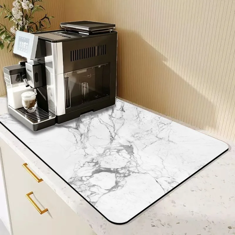 VIKAMA White Grey Vein Marble Simple Print Drying Mat Absorbent Non Slip Espresso Station Counter Draining Pad