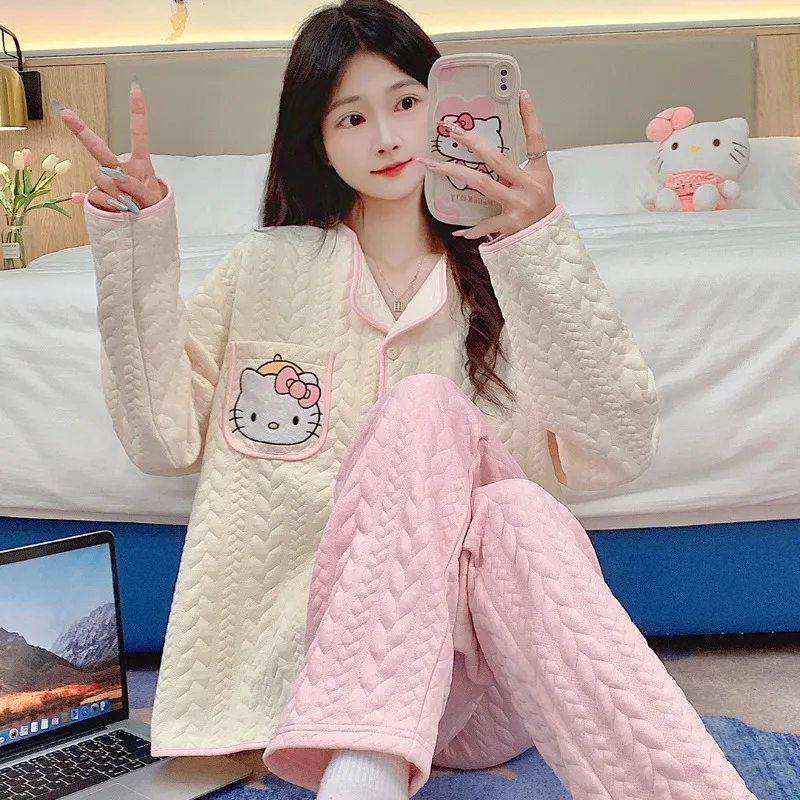 Kawaii Hello Kitty Pajamas MINISO Anime Kuromi Cinnamoroll Lovely Girl Student Winter Keep Warm Thickening Leisure Wear Suit