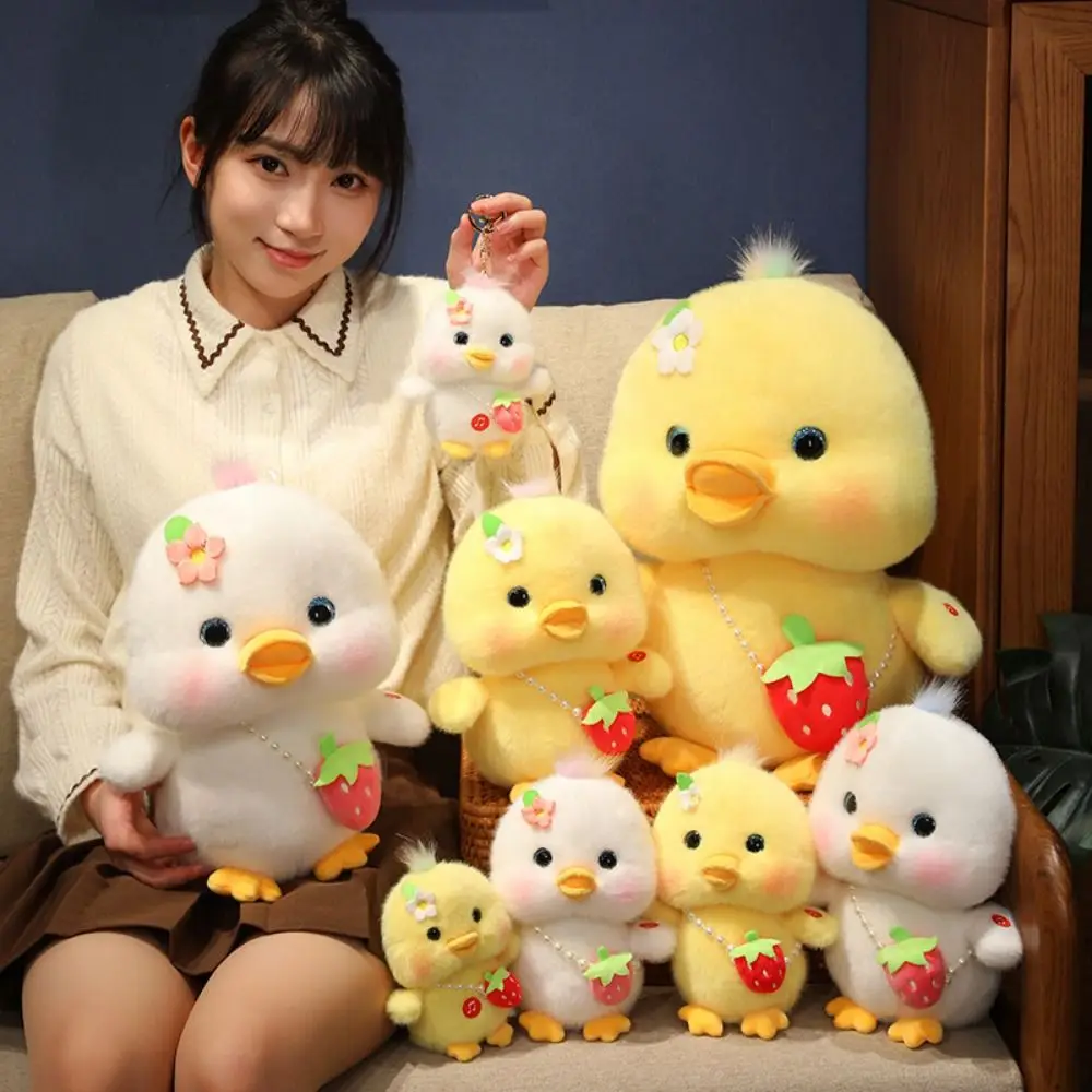 3d Eyes Pressing Music Duck Plush Toy Hairy Strawberry Hanging Bag Duck Plush Toy Soft Cute Yellow Duck Plush Doll Home Decor