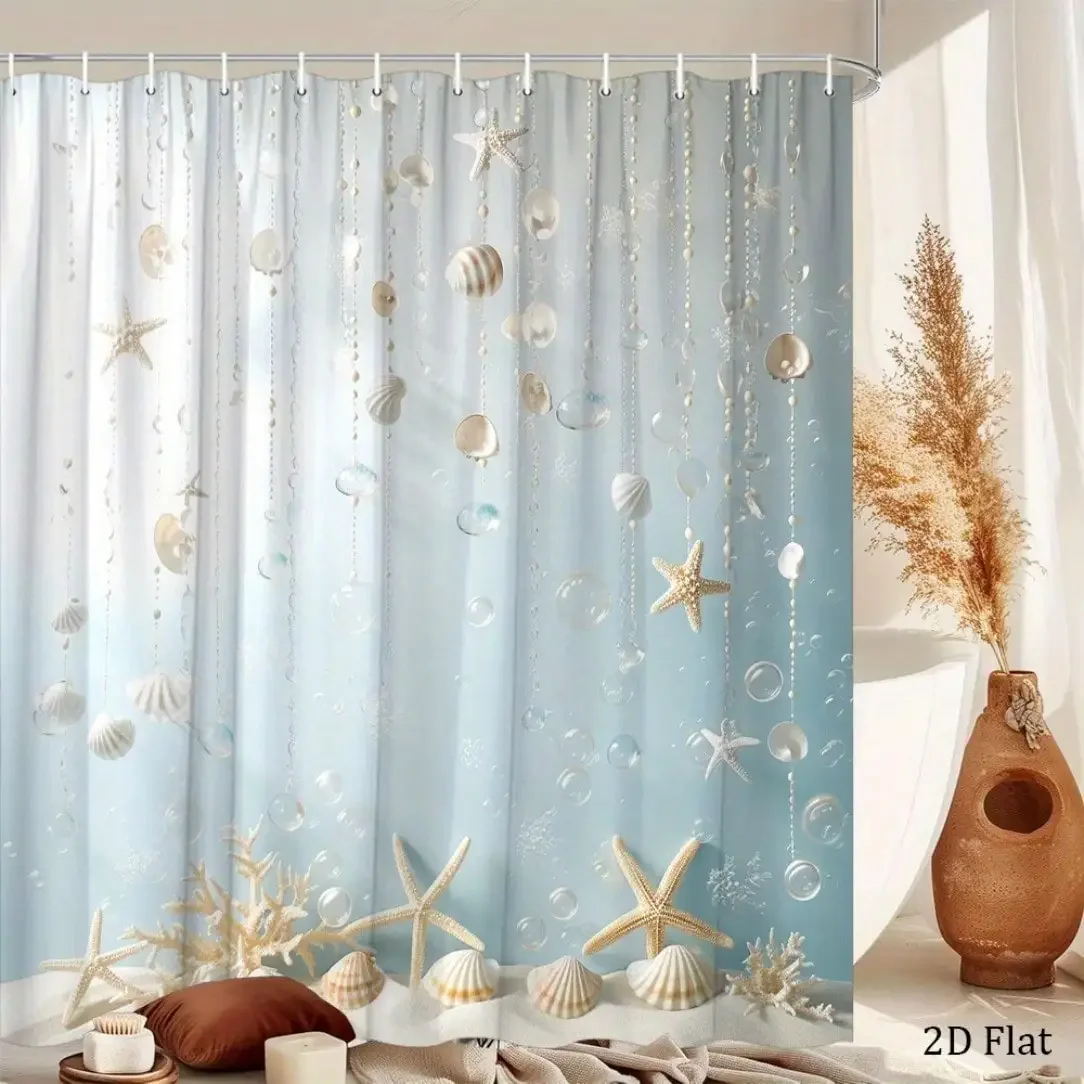 2D Flat, 2D Flat Shower Curtain, 1pc, Blue Ocean Pearl Seashell Shower Curtain, Comfortable, Multiple Sizes Available, Light Luxury Space, Creates a Hazy Healing Atmosphere, Establishes a Quiet Therapeutic Ambiance, Suitable for Cruise Ship Mobile
