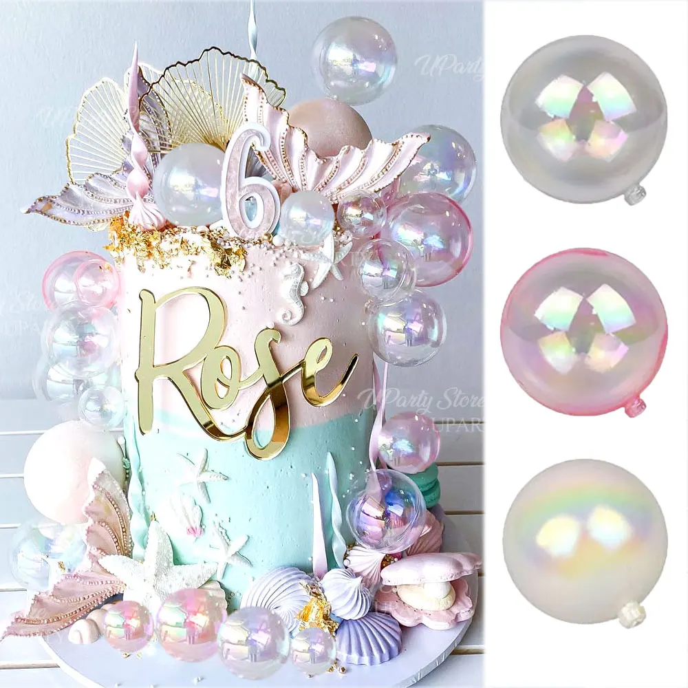 10/50 Uds bolas iridiscentes adornos para tarta 3/4/5cm bolas de pastel blancas perla transparente rosa láser para decoración de tarta de sirena de cumpleaños