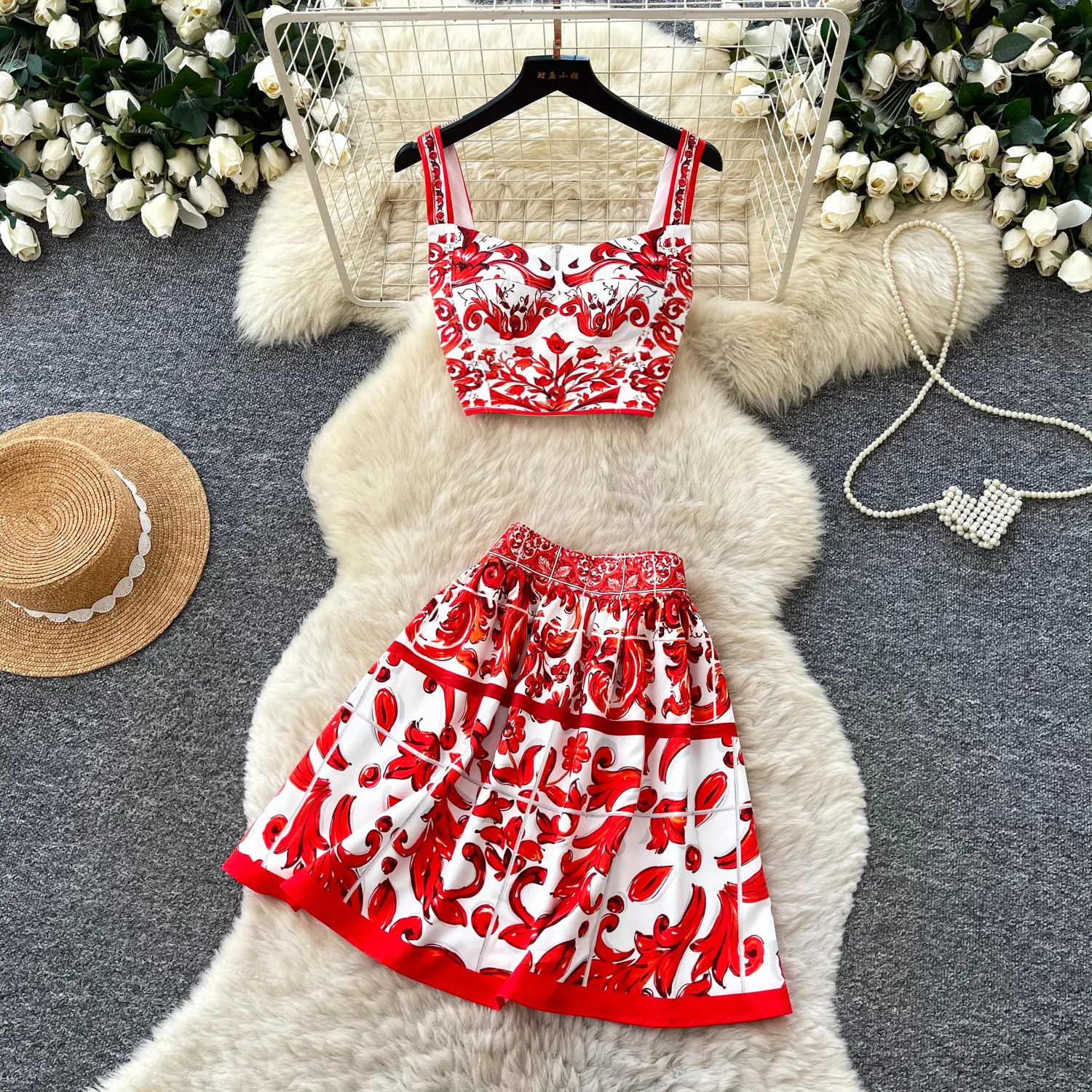 2026 New Clothing Retro Geometric Printed Skirt Set Woman Suspenders Tube Tops Two-piece Set Loose A-Line Skirt Fashion Suit