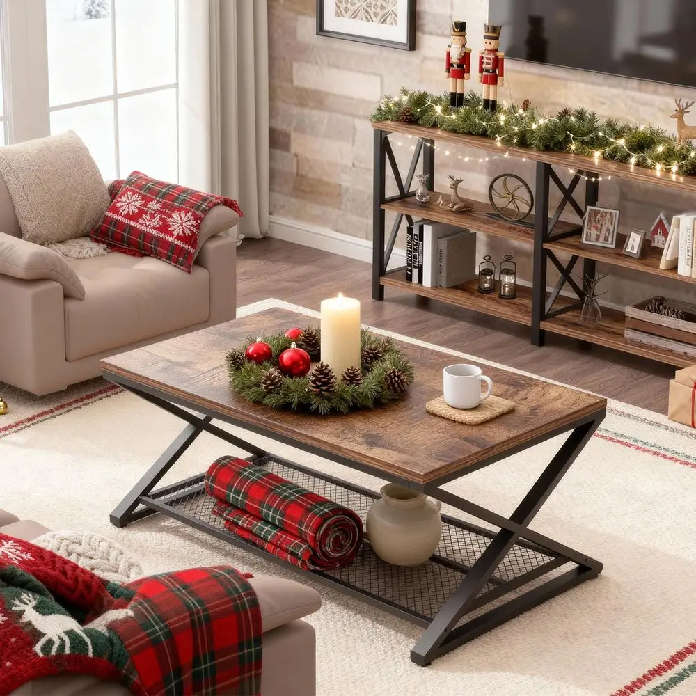طاولة قهوة ريفية من المعدن والخشب مع مساحة تخزين، 39 نمط مزرعة لغرفة المعيشة أو المكتب أو غرفة النوم #4