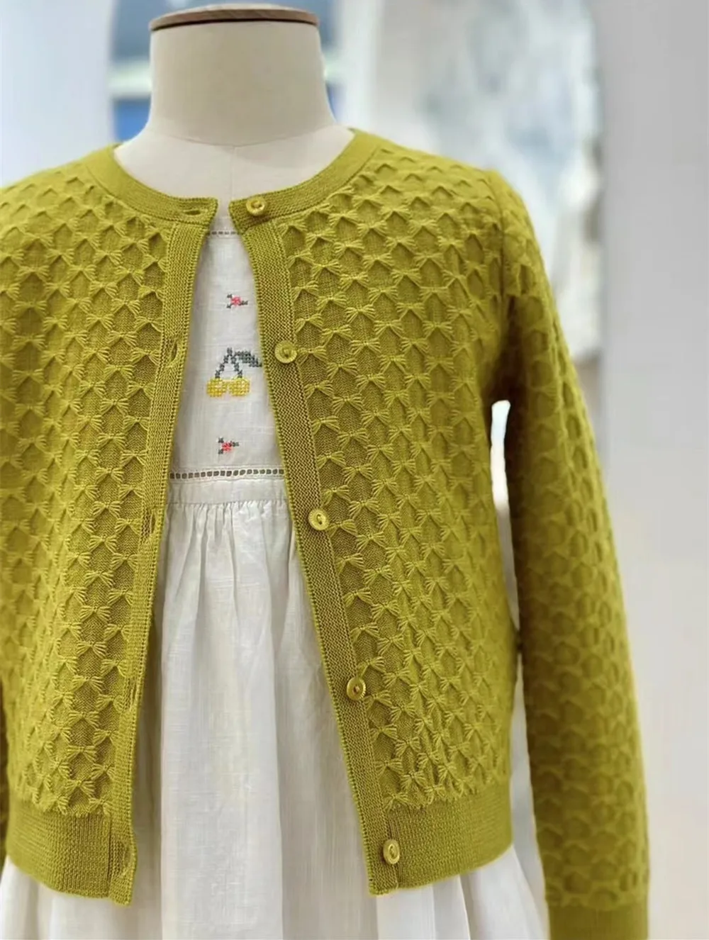 

spring kids coat baby girl clothes Little Cherry Girls' Knitted Cardigan ginger yellow Sweet and simple girls cardigan