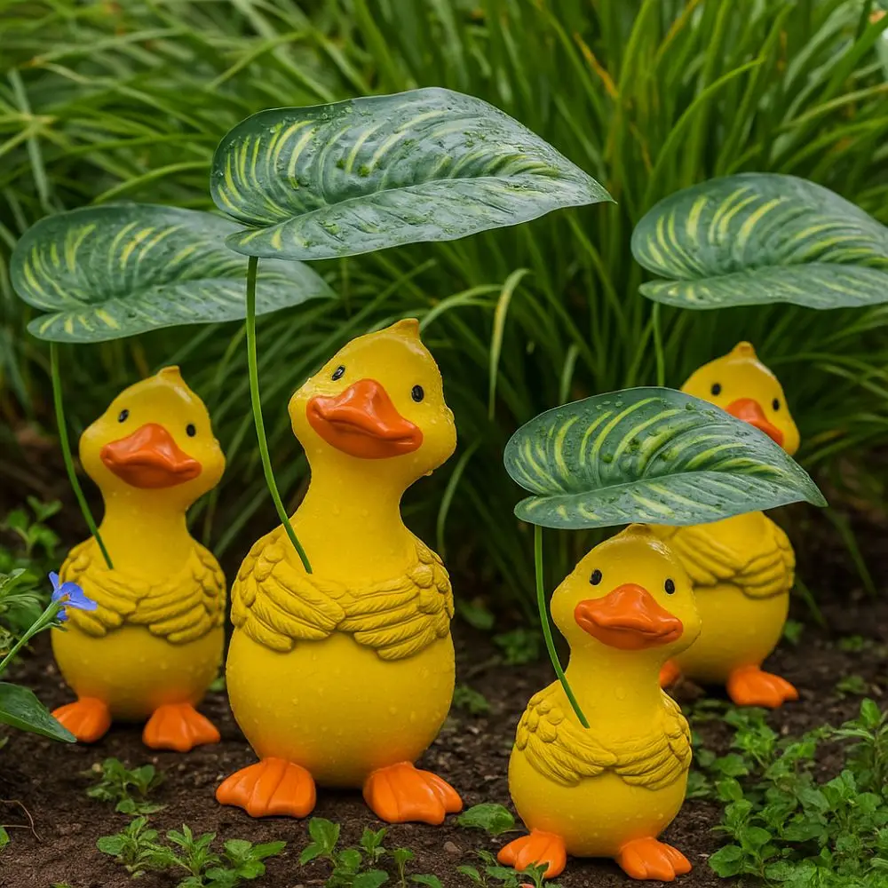 

Durable Cartoon Umbrella Holding Duck Statue Handmade Resin Leaf Duck Figurine Decorative Garden Animal Statue Indoor Outdoor