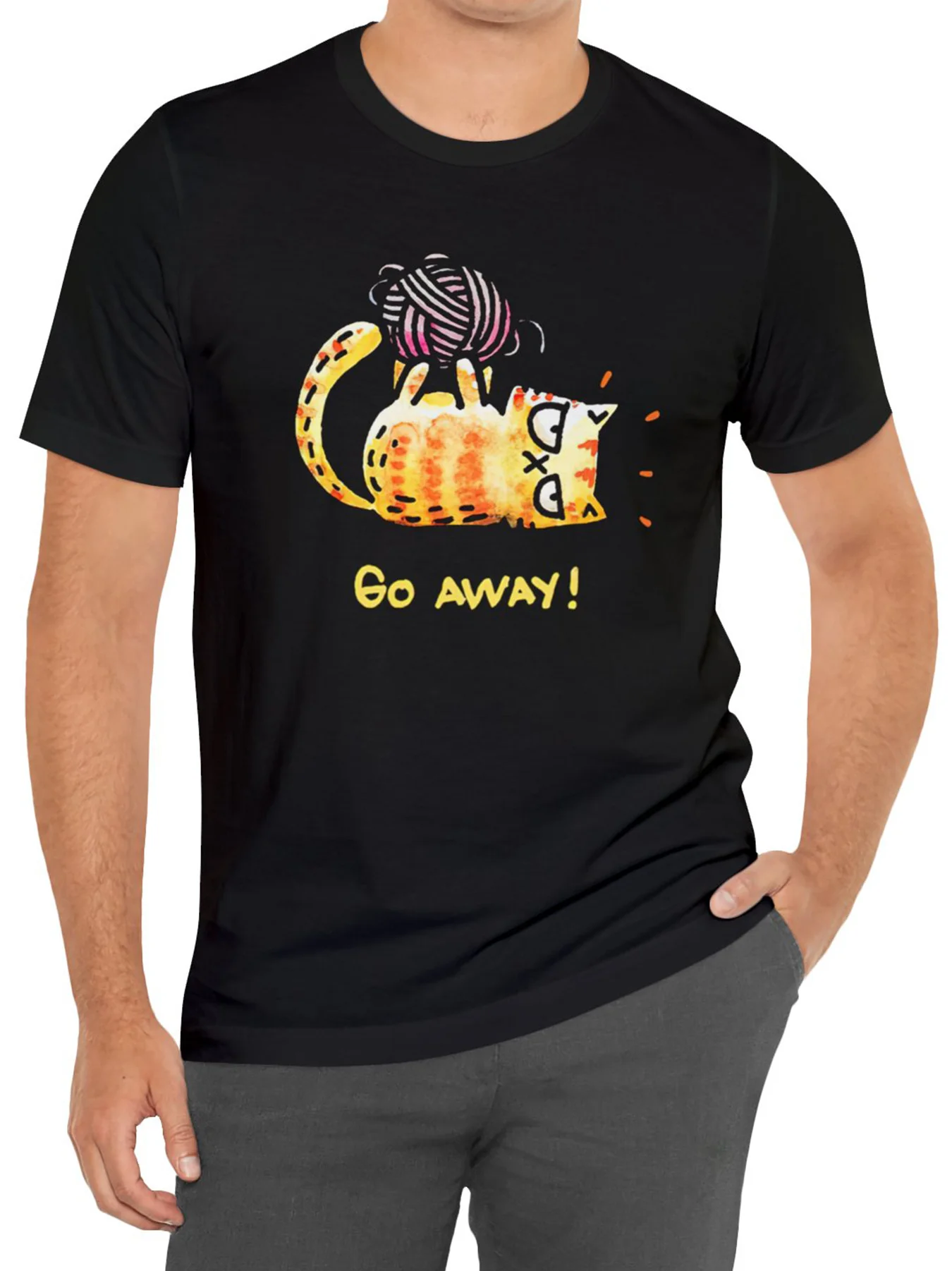 تي شيرت برسومات حياكة القطة المضحكة للرجال - أكمام قصيرة من القطن الأسود، رقبة دائرية، "Go Away!" تصميم، مثالي للنزهات الصيفية
