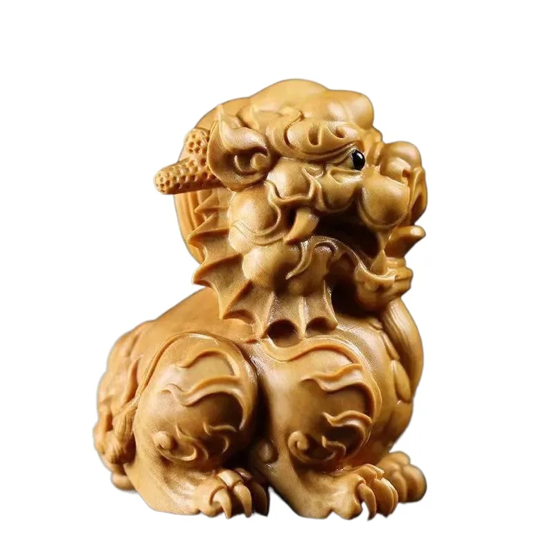 Hand‑Carved Kylin Figurine Solid Wood Hand Piece, Ancient Chinese Mythical Beast Statue Pocket Worry Craft Home Desktop Ornament