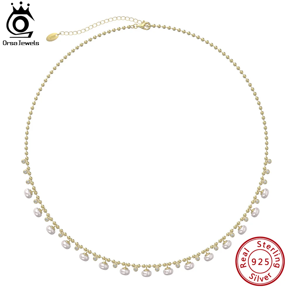 

ORSA JEWELS Ball Bead Necklace with Natural Pearls Unique 925 Sterling Silver Vintage Choker Neck Chain for Women Jewelry GPN37