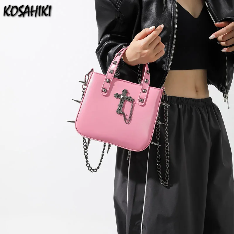 Personality Girls Punk Rivets Y2k Aesthetic Shoulder Bag Korean Gothic Cross Handbags Women Casual Vintage Crossbody Bags Trendy