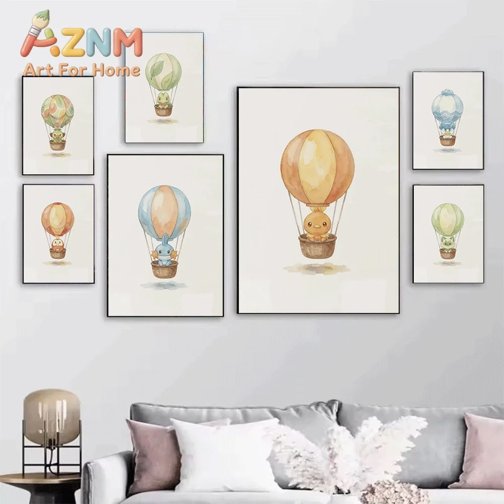 2D Flat Posters & Prints,Chimchar Hot Air Balloon Watercolor Canvas Wall Art,2D Flat Frameless Anime Monster Print,Home Decor