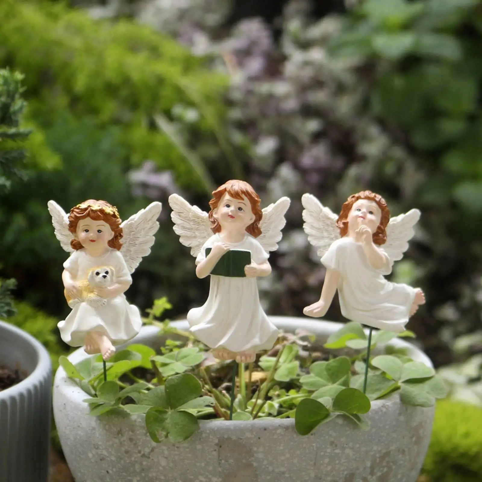 3 Pieces Cherub Flower Pick Set Outdoor Use Home Decoration Hand-Painted Look