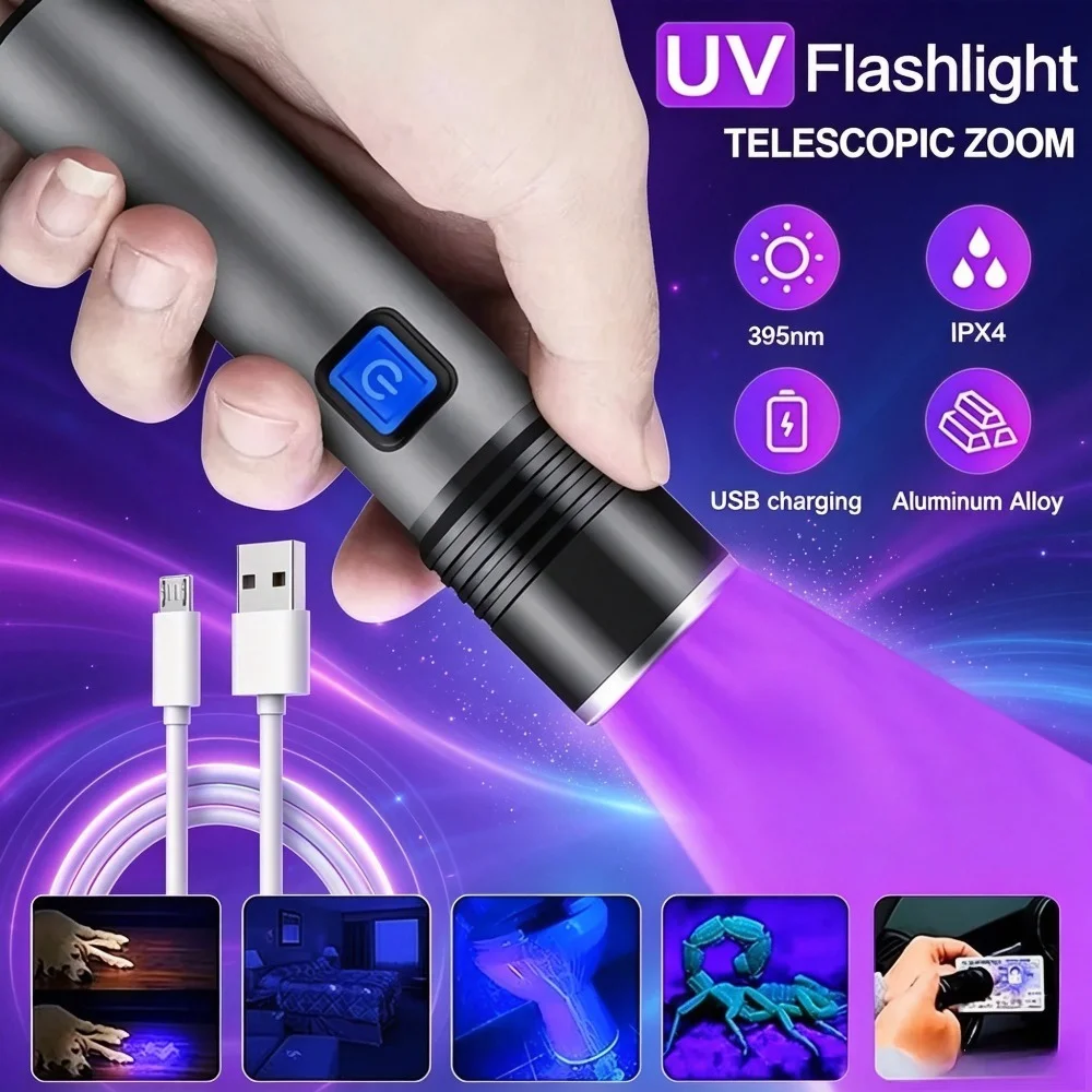 395nm UV Flashlight Blacklight Ultraviolet Zoomable USB Rechargeable Ultraviolet Mini Torches Inspection Lamp for Pet Urine