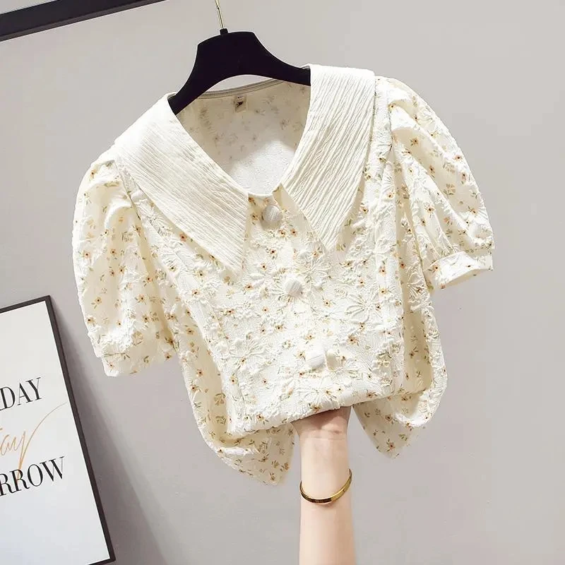 Beige Floral Printing Chiffon Peter Pan Collar Single Breasted Women\'s Blouse Shirt Elegant Female Clothing Tops 2024 Fashion