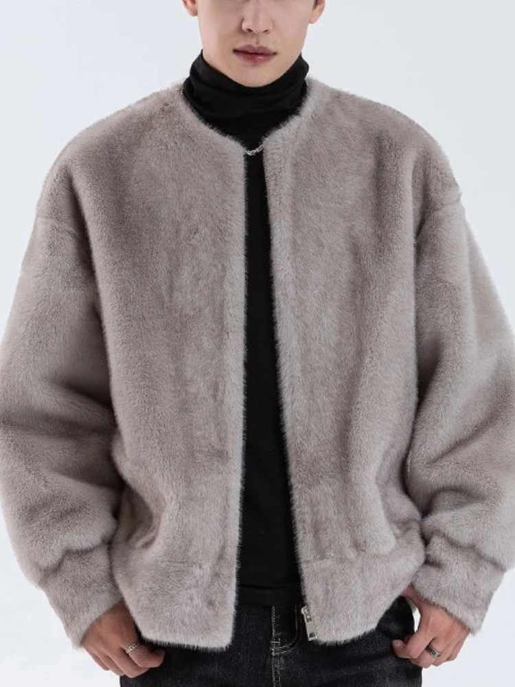 

Men's Vintage Faux Mink Fur Jacket Casual Zip-Up Crew Neck Coat Warm Parkas Faux Fur Outerwear Winter Non-Bulky Fur Jacket