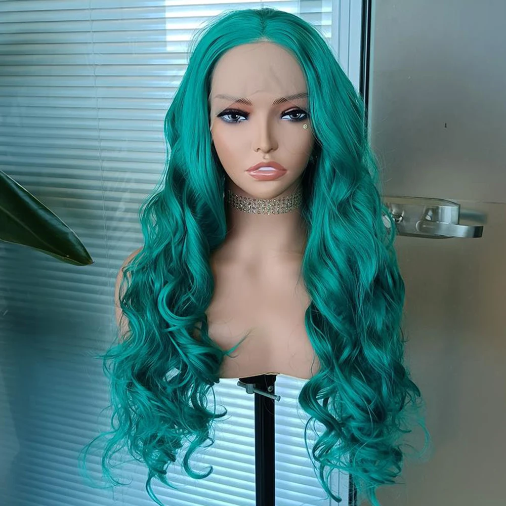 Dark Green Wig 13x4 Synthetic Lace Front Wigs for Women Long Body Wave Wig Teal Green Straight Hair Heat Resistant  Daily Wear